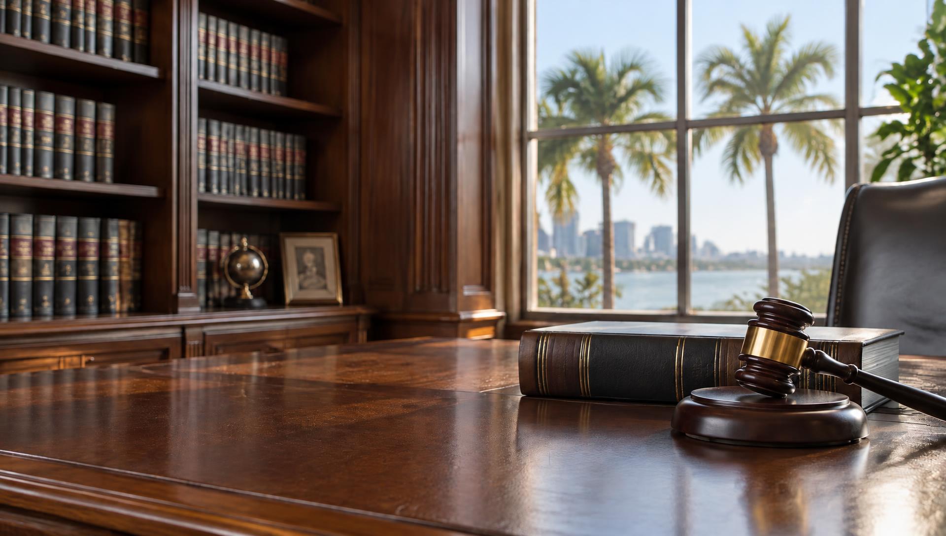 A lawyer's desk with a gavel and Florida law book beside a window overlooking palm trees